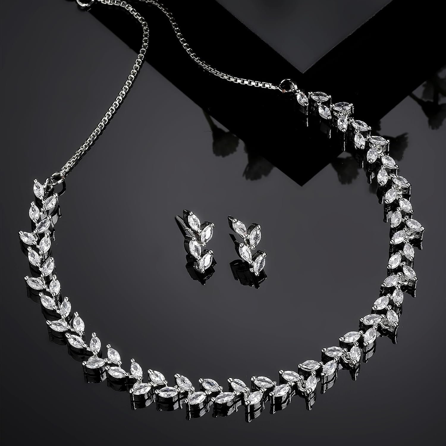 ZENEME Rhodium-Plated White American Diamond Necklace Set with Earrings for Women & Girls Leaf Vine AD Jewellery Set For Womens - Image 2