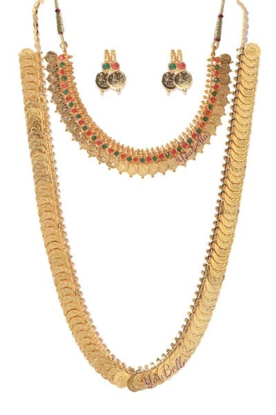 YouBella Jewellery set for women Gold Plated Long Traditional Coin Necklace set and Red Green Choker necklace Jewellery Set with Earrings for Girls an