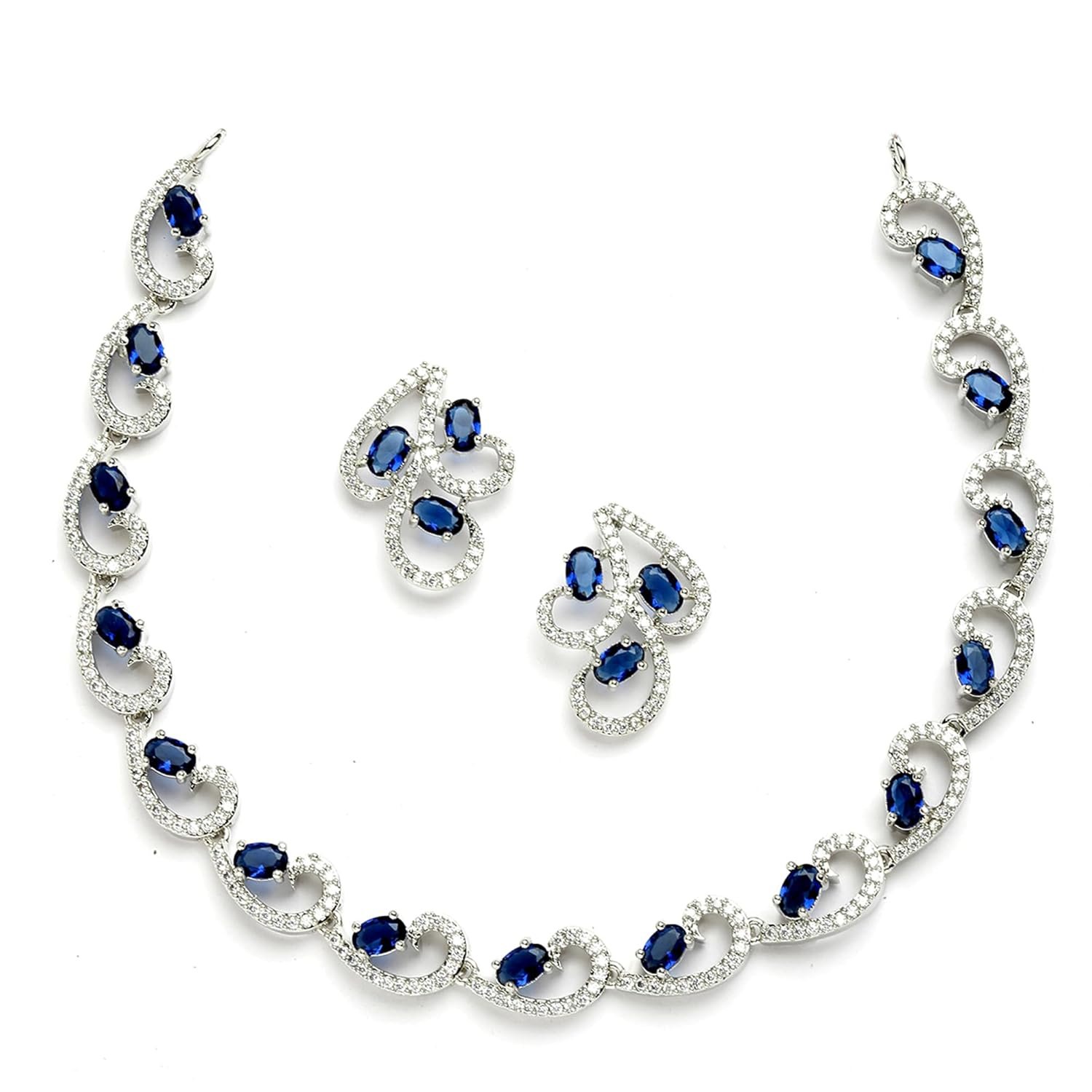 ZENEME Rhodium-Plated with Silver-Toned White Cubic Zirconia & American Diamond studded Necklace and Drop Earrings Jewellery Set for women