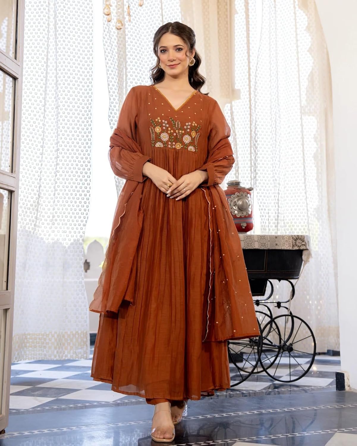 Nermosa Women Embroidery Solid Anarkali Kurta and Pant Set with Dupatta - Image 2