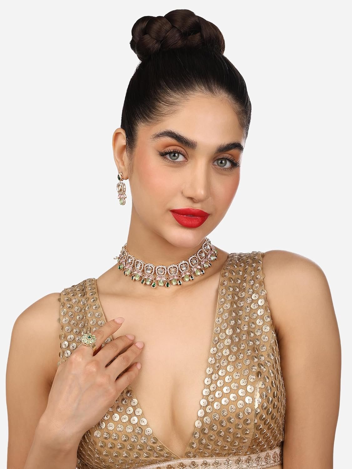 ZAVERI PEARLS Green Pink Stones Austrian Diamonds Embellished Choker Necklace Earring & Ring Set For Women-ZPFK17672 - Image 6