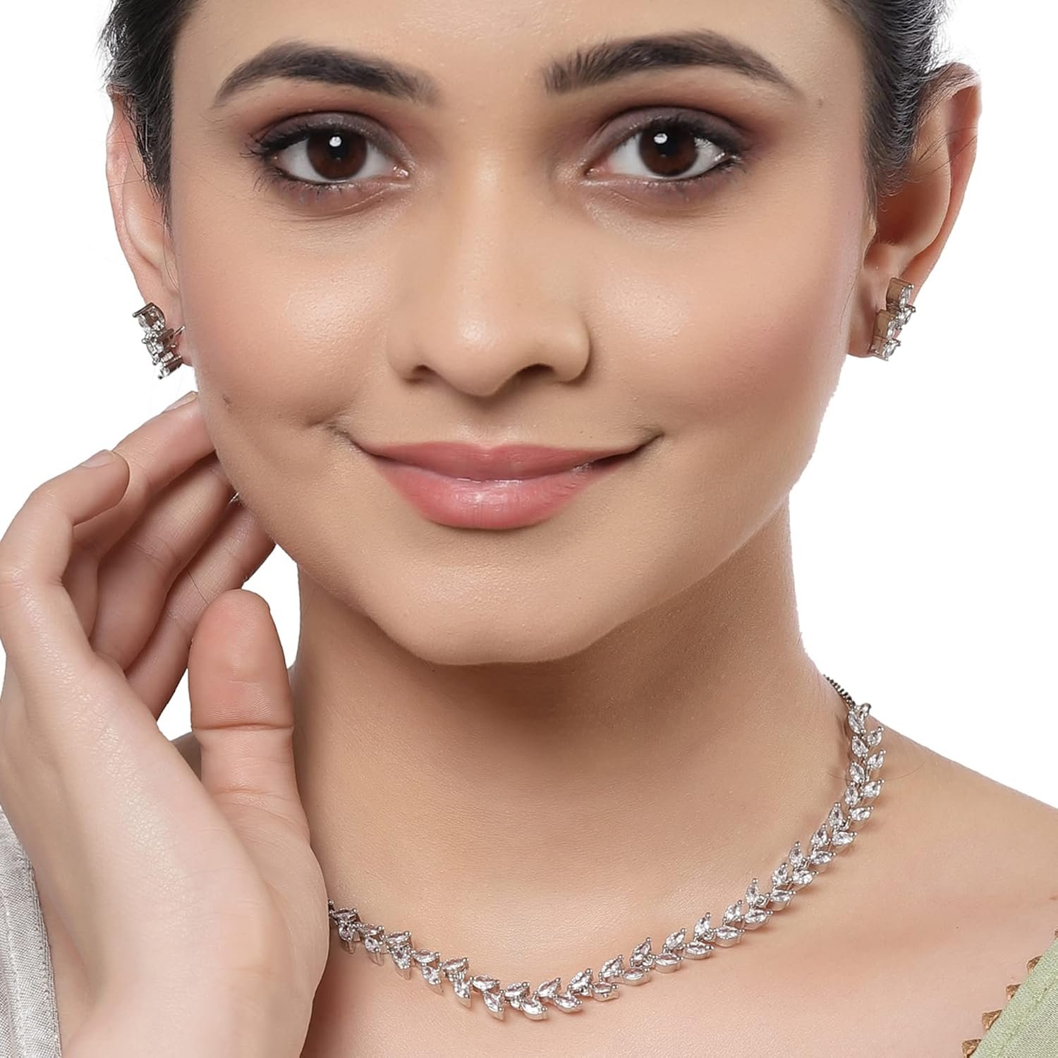 ZENEME Rhodium-Plated White American Diamond Necklace Set with Earrings for Women & Girls Leaf Vine AD Jewellery Set For Womens - Image 4