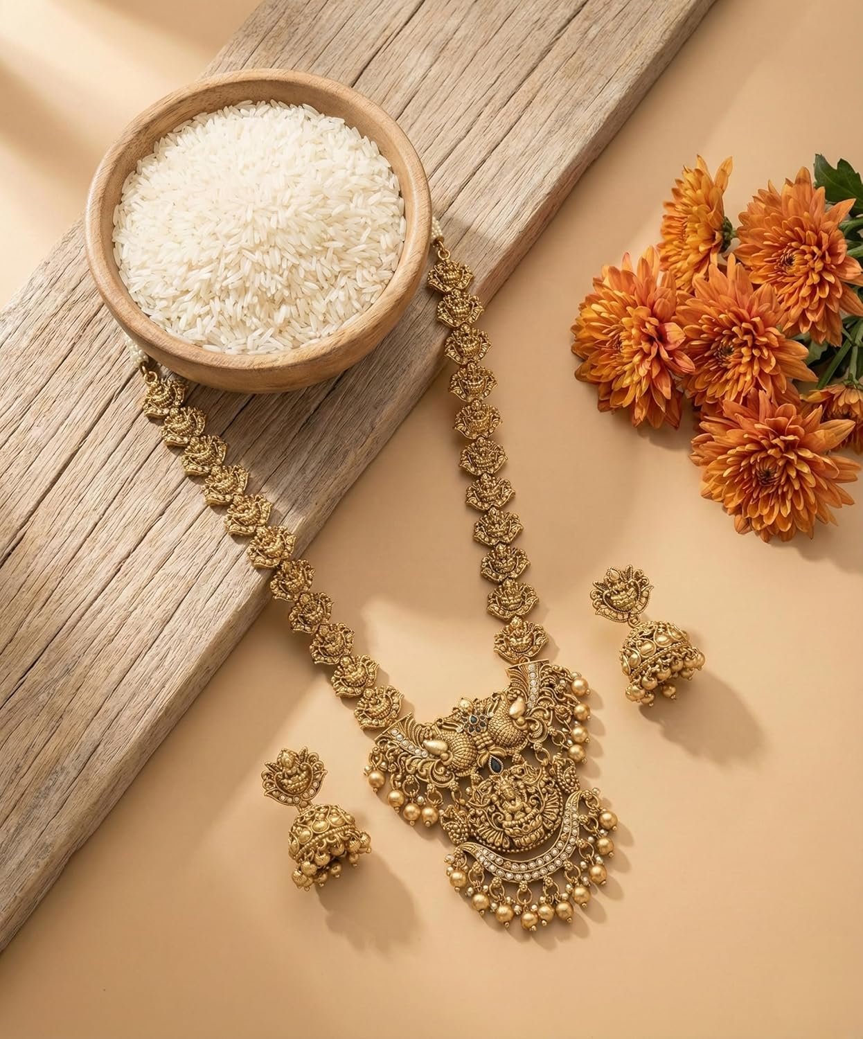 South Indian Traditional Antique Matte Gold Finish Goddess Lakshmi & Peacock Motif Long Necklace Set with Jhumka Earrings for Women - Image 4