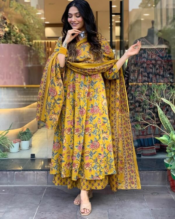 GoSriKi Women's Rayon Viscose Anarkali Printed Kurta with Palazzo & Dupatta