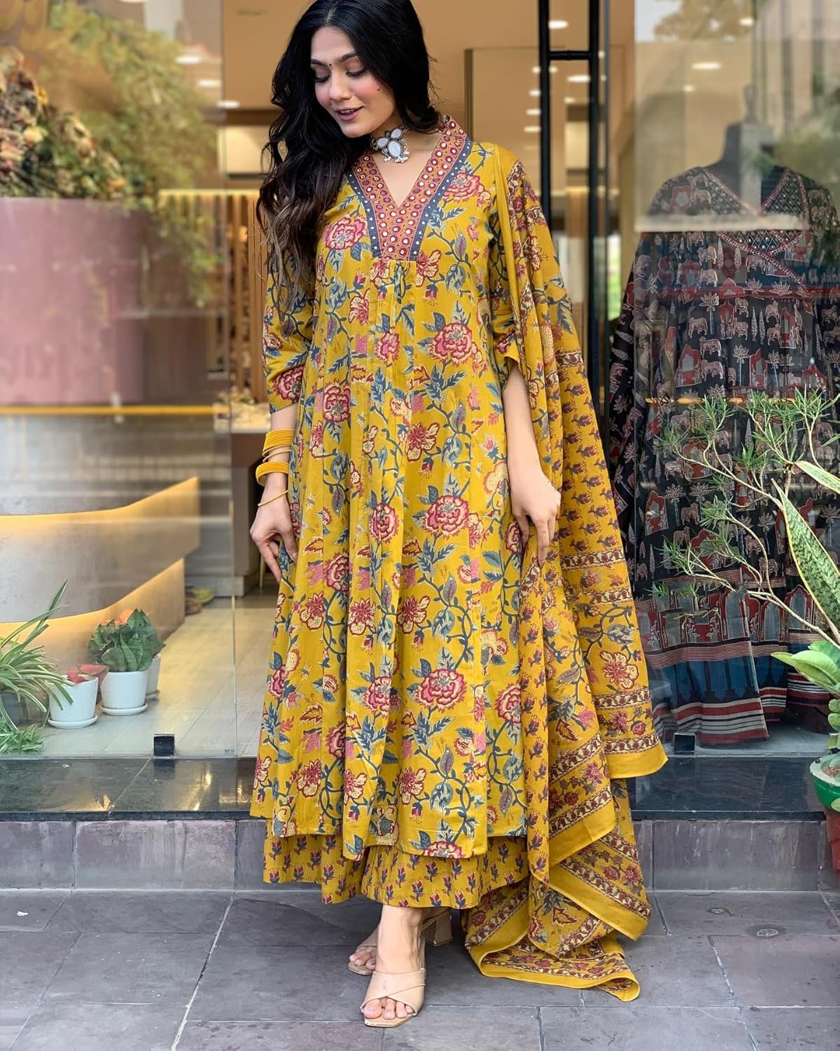 GoSriKi Women's Rayon Viscose Anarkali Printed Kurta with Palazzo & Dupatta - Image 6