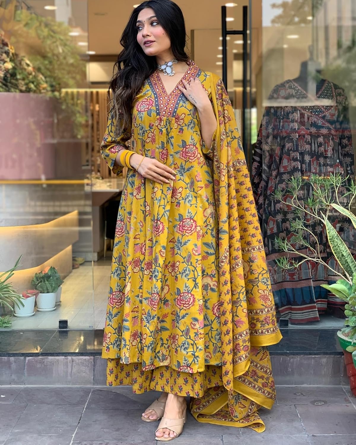 GoSriKi Women's Rayon Viscose Anarkali Printed Kurta with Palazzo & Dupatta - Image 3