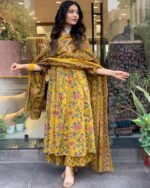 GoSriKi Women's Rayon Viscose Anarkali Printed Kurta with Palazzo & Dupatta