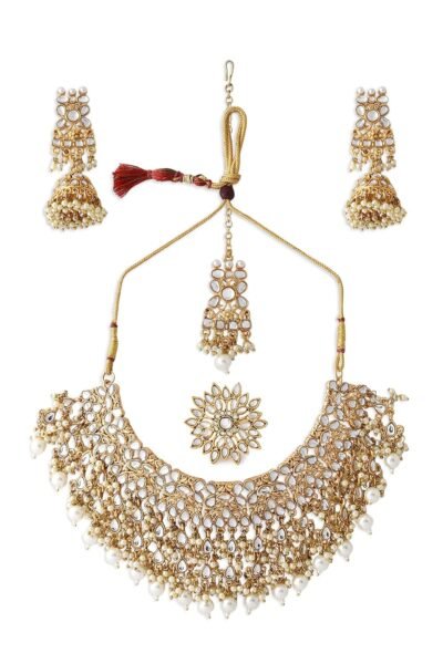 ZAVERI PEARLS Gold Tone Kundan Choker Necklace Earring Maangtikka & Ring Set For Women-ZPFK10799