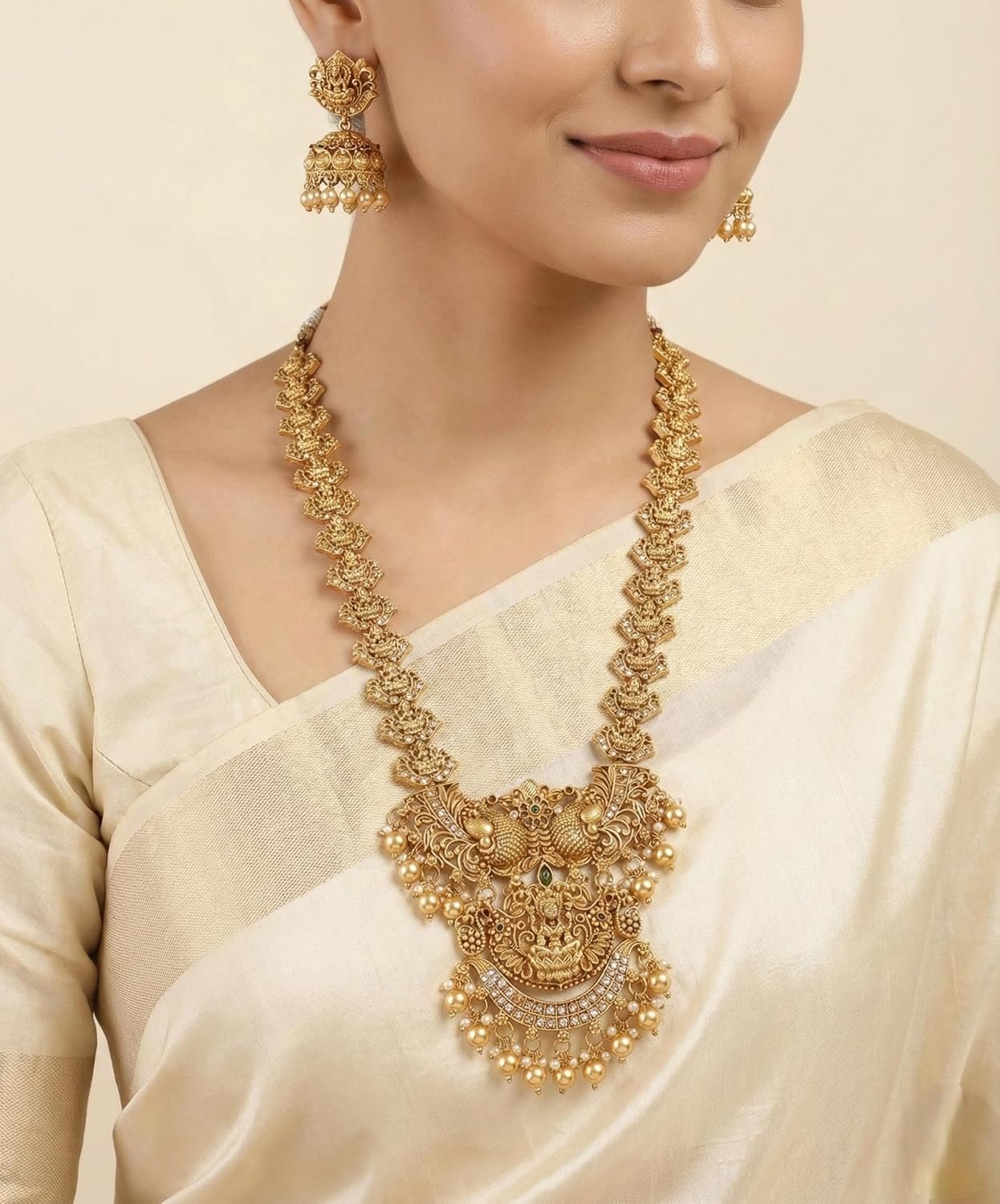 South Indian Traditional Antique Matte Gold Finish Goddess Lakshmi & Peacock Motif Long Necklace Set with Jhumka Earrings for Women - Image 5