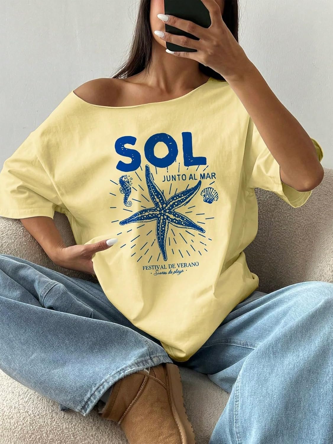 SXV STYLE SOL Women Summer Loose Asymmetrical Neck Cocktail Fruit Orange Y2K Graphic Oversized T-Shirt - Image 3