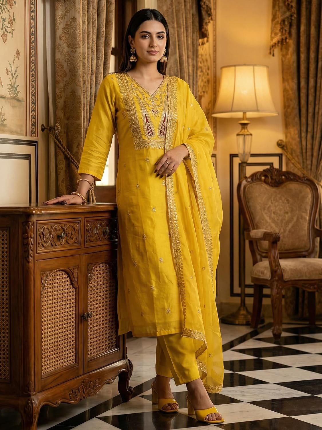 INDO ERA Women's Cotton Solid Straight Kurta Palazzo With Dupatta Set - Image 4
