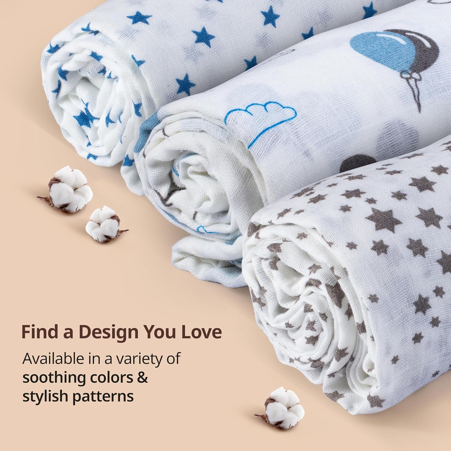 LuvLap 100% Cotton Muslin Baby Swaddle Set, Baby Towel, Size-120cm x 100cm (47"x39"), Stars Printed on White, 0-18 Month+, Printed Mulmal Muslin Swadd - Image 4