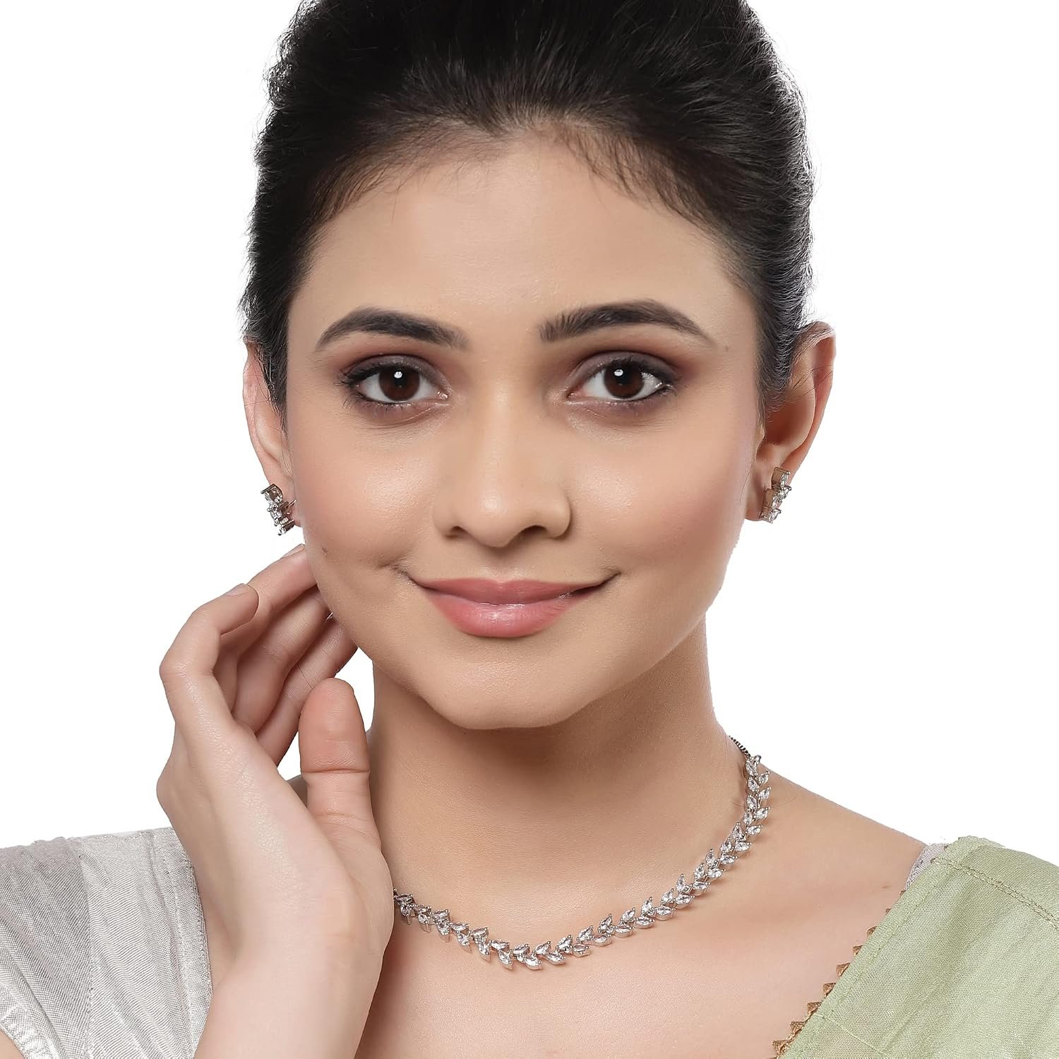 ZENEME Rhodium-Plated White American Diamond Necklace Set with Earrings for Women & Girls Leaf Vine AD Jewellery Set For Womens - Image 3