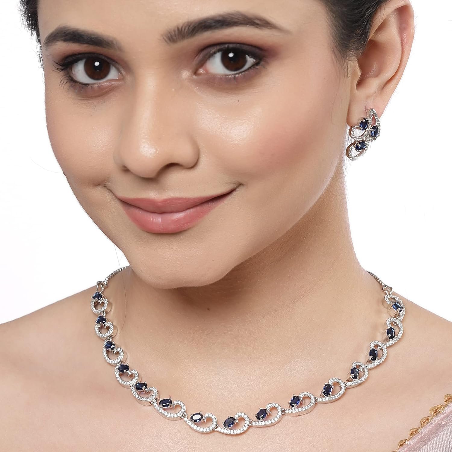 ZENEME Rhodium-Plated with Silver-Toned White Cubic Zirconia & American Diamond studded Necklace and Drop Earrings Jewellery Set for women - Image 4