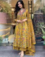 GoSriKi Women's Rayon Viscose Anarkali Printed Kurta with Palazzo & Dupatta