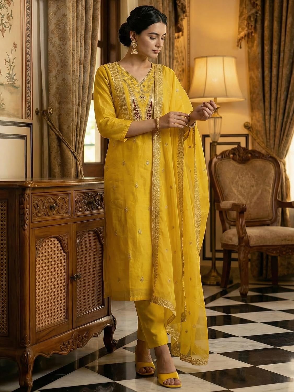INDO ERA Women's Cotton Solid Straight Kurta Palazzo With Dupatta Set - Image 6