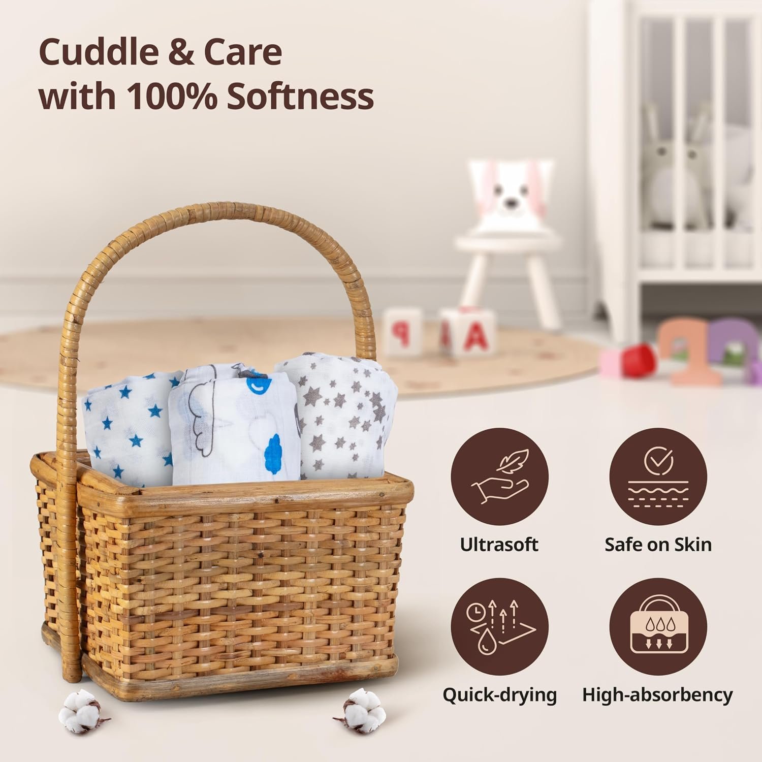 LuvLap 100% Cotton Muslin Baby Swaddle Set, Baby Towel, Size-120cm x 100cm (47"x39"), Stars Printed on White, 0-18 Month+, Printed Mulmal Muslin Swadd - Image 3