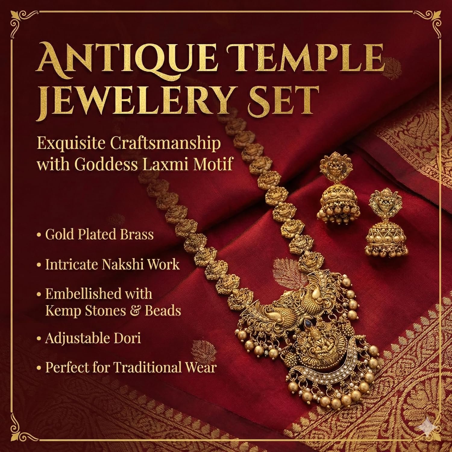 South Indian Traditional Antique Matte Gold Finish Goddess Lakshmi & Peacock Motif Long Necklace Set with Jhumka Earrings for Women - Image 2