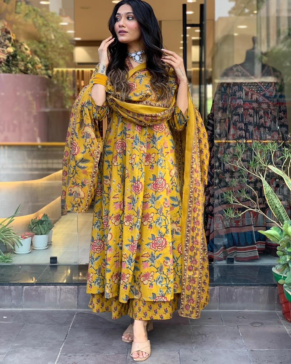 GoSriKi Women's Rayon Viscose Anarkali Printed Kurta with Palazzo & Dupatta - Image 7