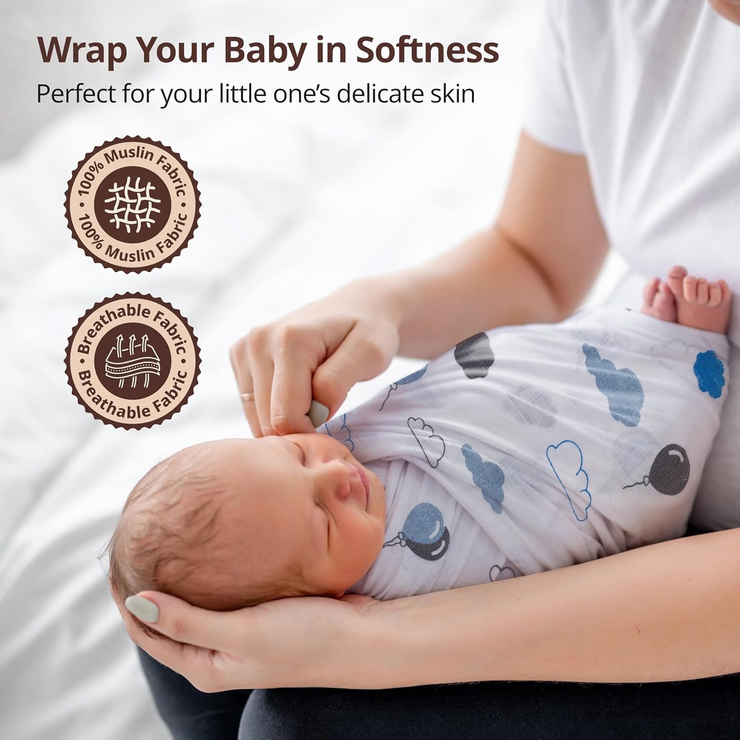 LuvLap 100% Cotton Muslin Baby Swaddle Set, Baby Towel, Size-120cm x 100cm (47"x39"), Stars Printed on White, 0-18 Month+, Printed Mulmal Muslin Swadd - Image 2
