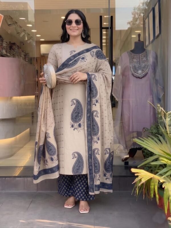 Nermosa Women's Pure Viscose Block Printed Ethnic Wear Straight Kurta Set with Palazzo Pants & Dupatta
