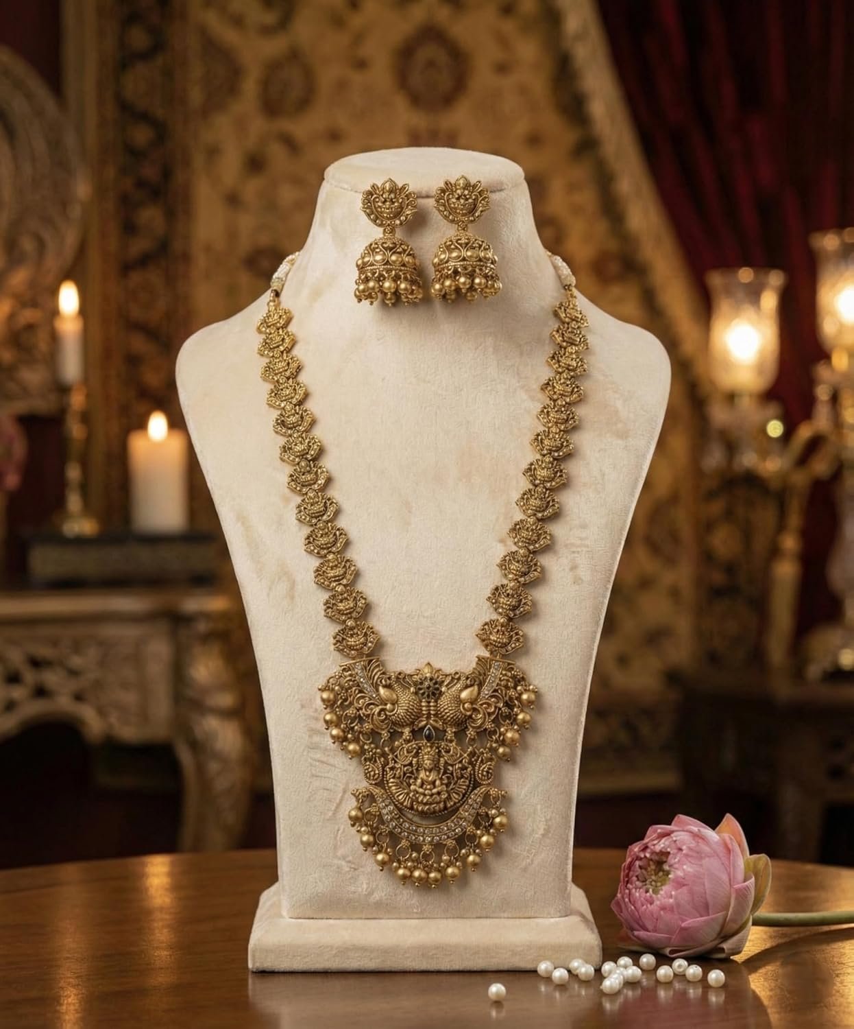 South Indian Traditional Antique Matte Gold Finish Goddess Lakshmi & Peacock Motif Long Necklace Set with Jhumka Earrings for Women - Image 3