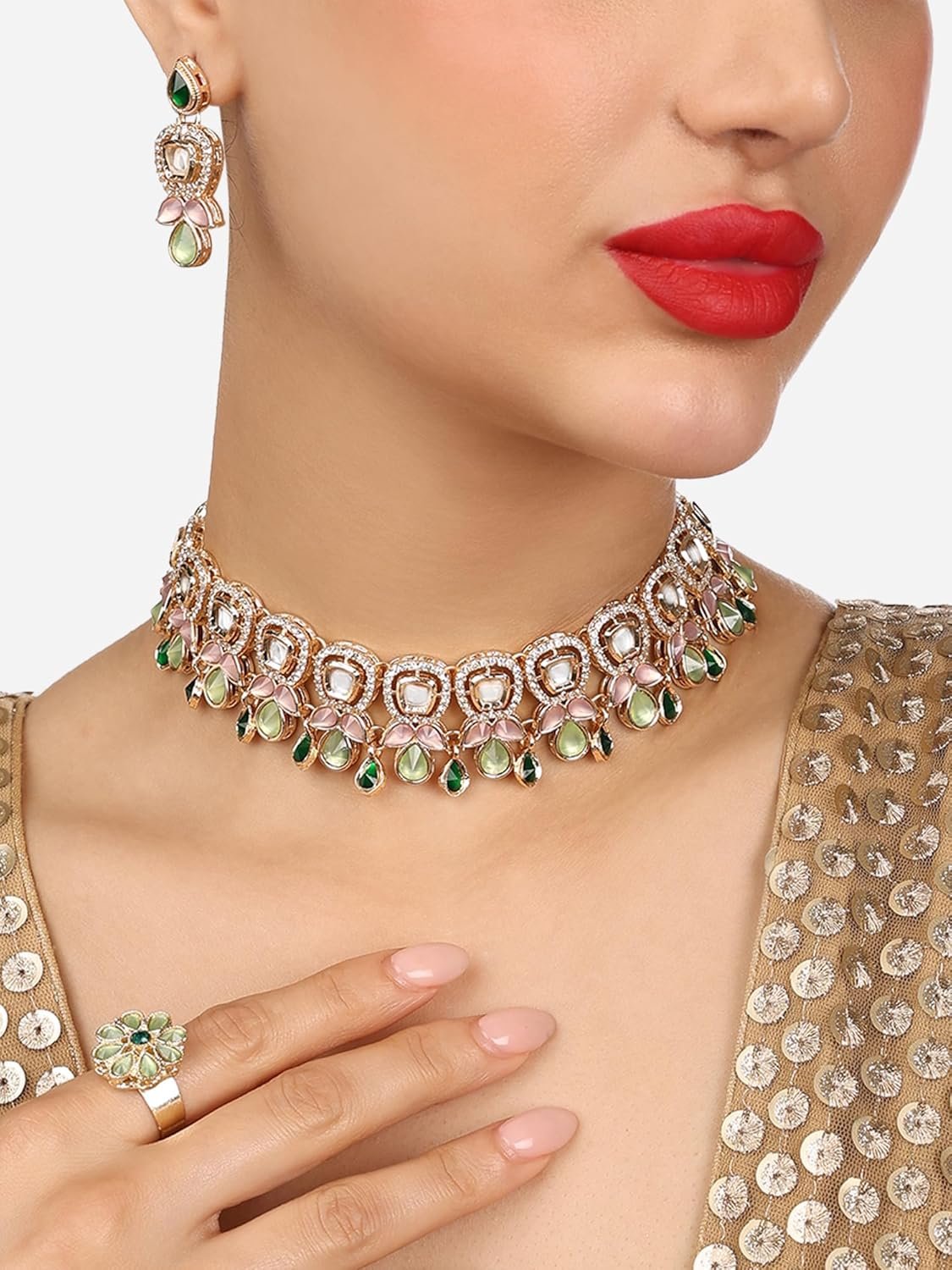 ZAVERI PEARLS Green Pink Stones Austrian Diamonds Embellished Choker Necklace Earring & Ring Set For Women-ZPFK17672 - Image 2