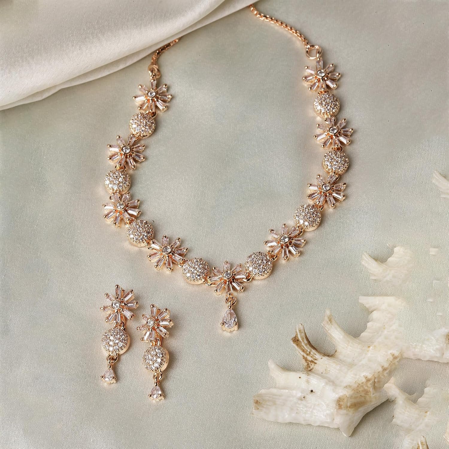ZENEME Rhodium Plated Silver Toned White American Diamond Studded Necklace With Earring Jewellery Set For Women and Girl - Image 2