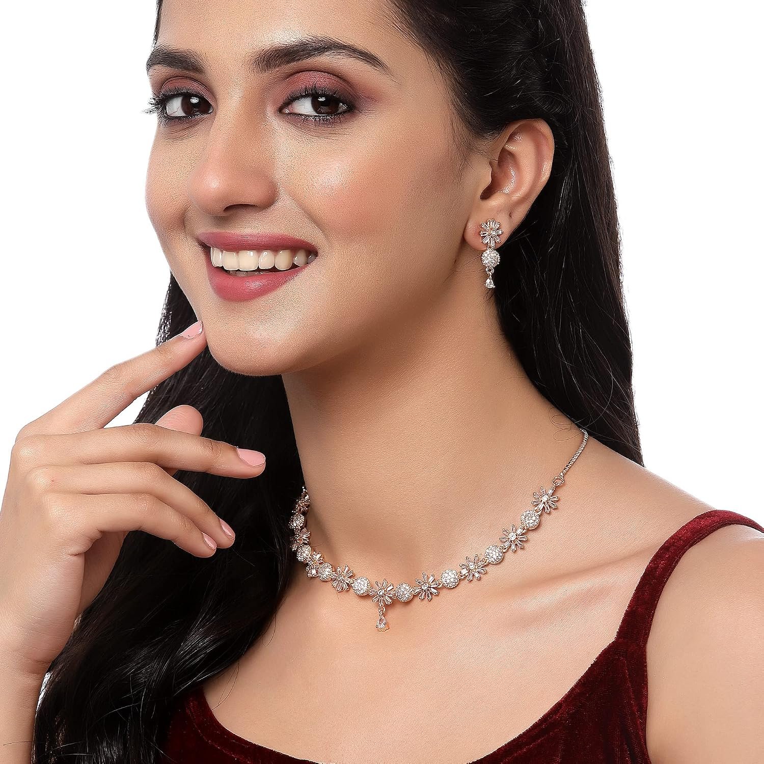 ZENEME Rhodium Plated Silver Toned White American Diamond Studded Necklace With Earring Jewellery Set For Women and Girl - Image 4