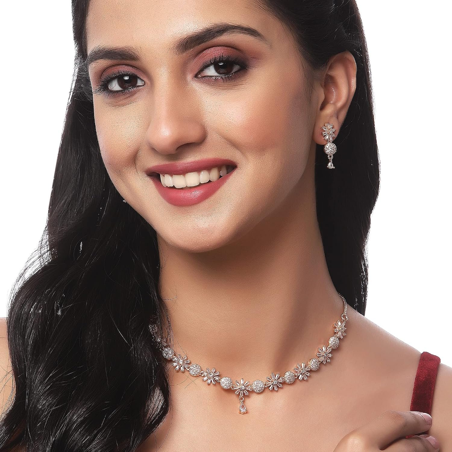 ZENEME Rhodium Plated Silver Toned White American Diamond Studded Necklace With Earring Jewellery Set For Women and Girl - Image 3