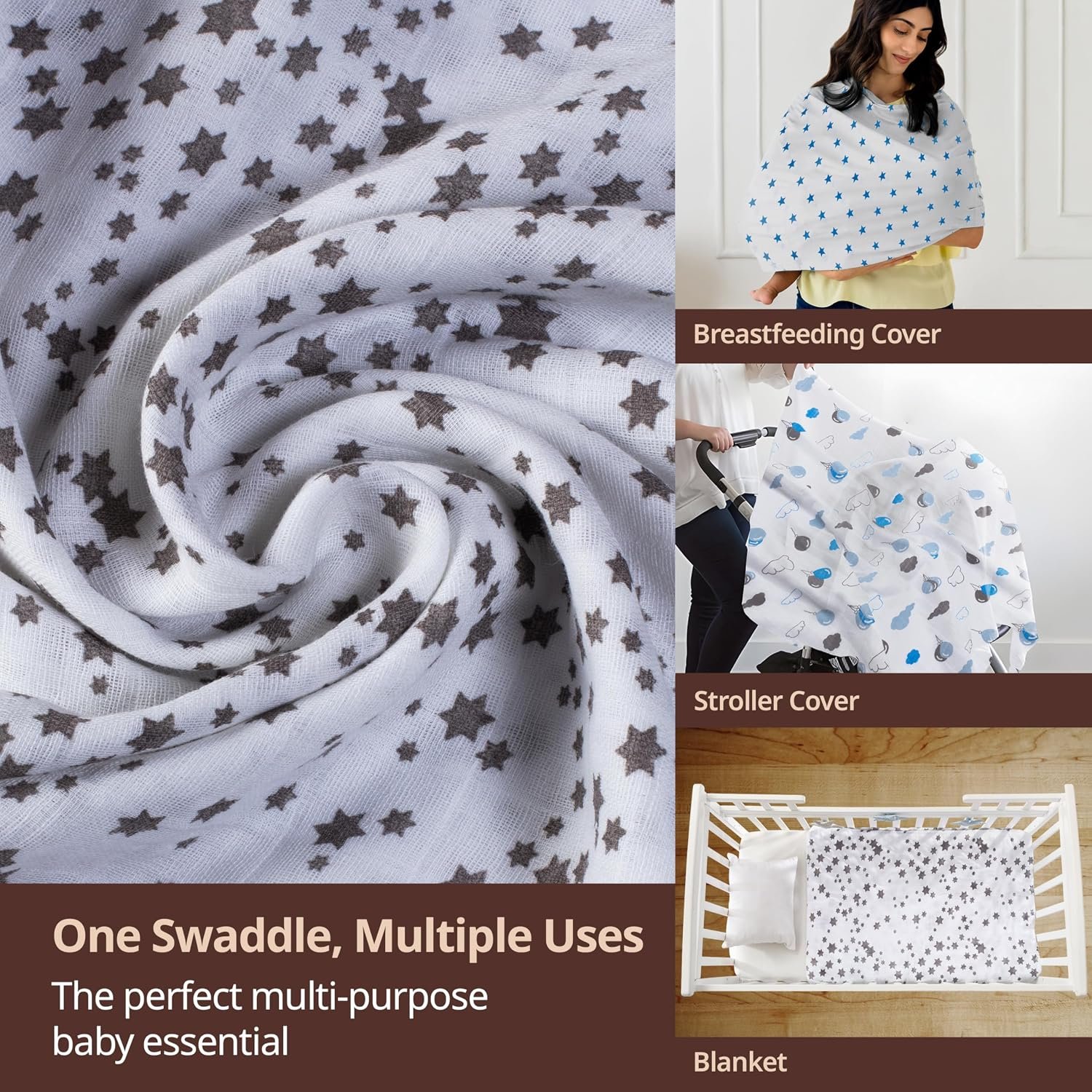 LuvLap 100% Cotton Muslin Baby Swaddle Set, Baby Towel, Size-120cm x 100cm (47"x39"), Stars Printed on White, 0-18 Month+, Printed Mulmal Muslin Swadd - Image 6