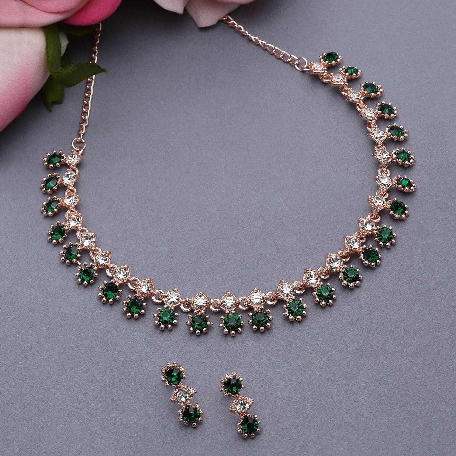 ZENEME Rose Gold-Plated American Diamond Studded Star Shaped Necklace With Earrings Jewellery Set For Girls and Women - Image 2