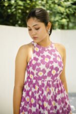 Lilac Ikat Print Halter Neck Dress with Pockets
