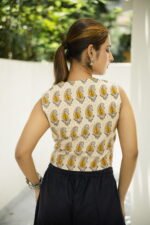 Beige Paisley Block Print Waistcoat with Tie-Up Front