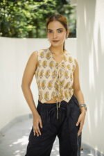Beige Paisley Block Print Waistcoat with Tie-Up Front