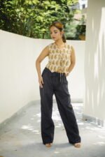 Beige Paisley Block Print Waistcoat with Tie-Up Front