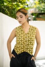 Green Bloom Block Print Button-Front Waistcoat