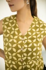 Green Bloom Block Print Button-Front Waistcoat