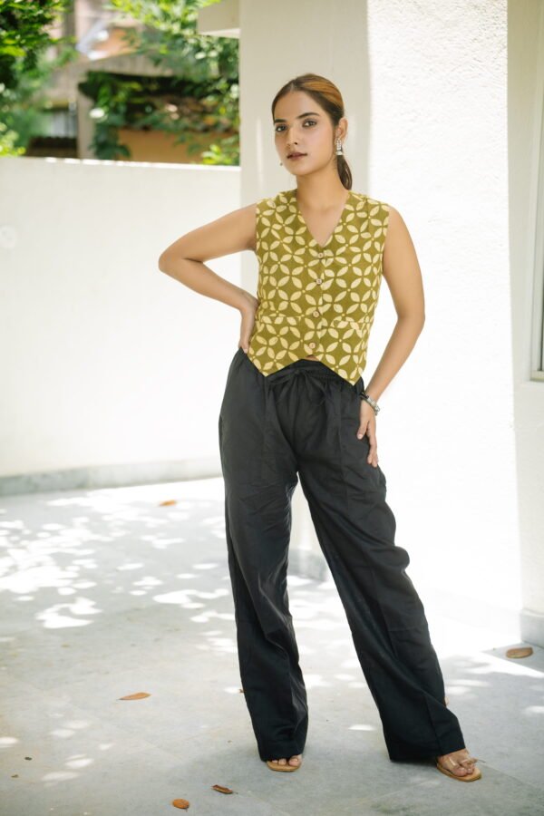 Green Bloom Block Print Button-Front Waistcoat