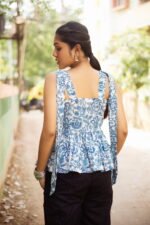 Aqua Blue Floral Print Sleeveless Top with Shoulder Ties