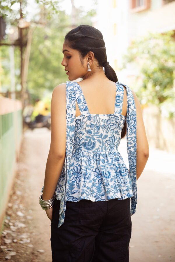 Aqua Blue Floral Print Sleeveless Top with Shoulder Ties
