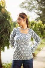 Sea Blue Ikat Print Bell Sleeve Short Kurti