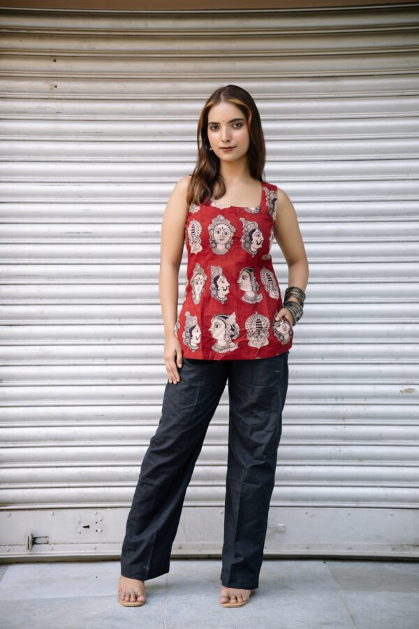 KK Block Maroon Printed Sleeveless Top with Tie-Up Back