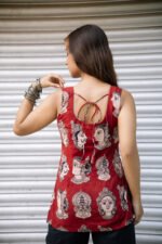 KK Block Maroon Printed Sleeveless Top with Tie-Up Back