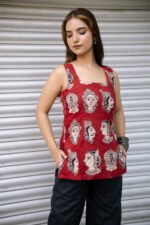 KK Block Maroon Printed Sleeveless Top with Tie-Up Back
