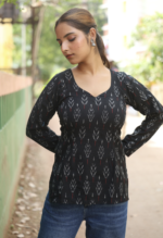 Charcoal Bloom Ikat Print Full Sleeve Short Kurti