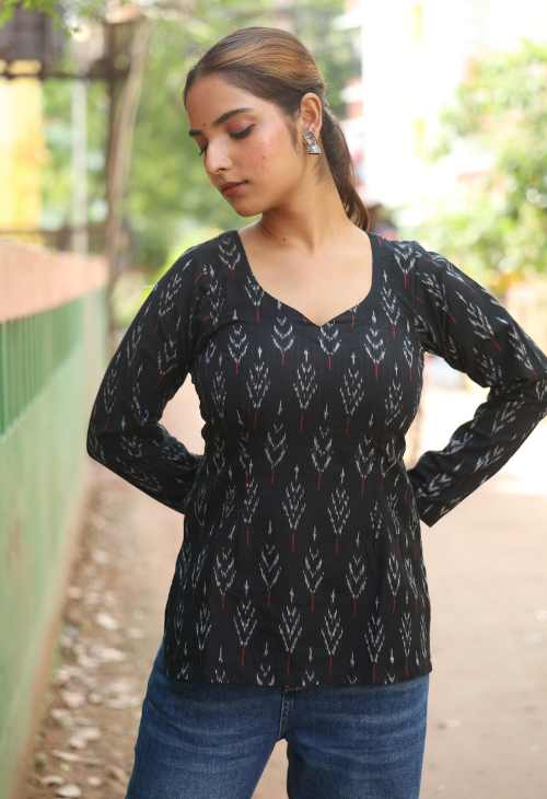 Charcoal Bloom Ikat Print Full Sleeve Short Kurti