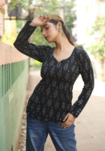 Charcoal Bloom Ikat Print Full Sleeve Short Kurti
