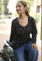 Charcoal Bloom Ikat Print Full Sleeve Short Kurti