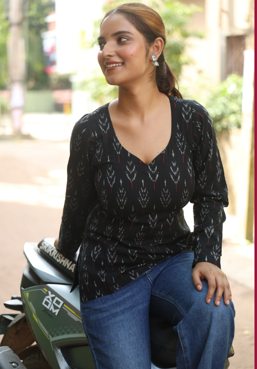 Charcoal Bloom Ikat Print Full Sleeve Short Kurti
